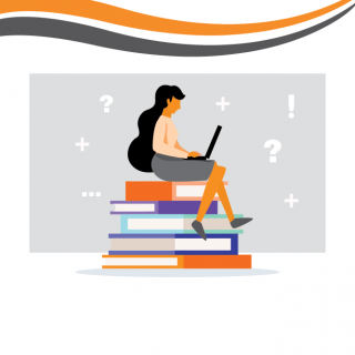Graphic of a Female Student sitting on books looking at a Laptop