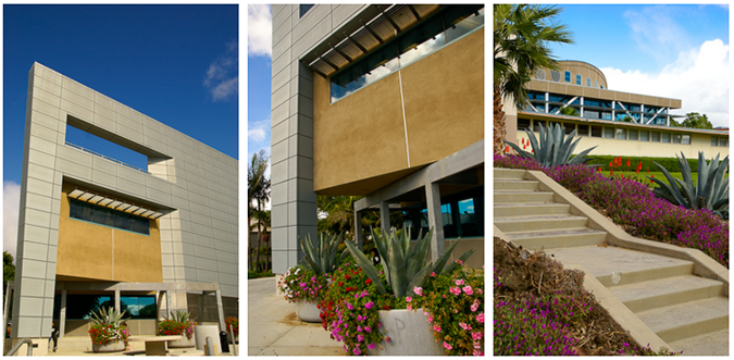 3 decorative images taken of the VC Library and Learning Center building and surrounding architecture.