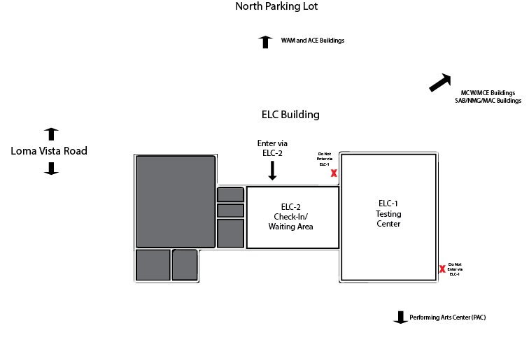 Map of Testing Center in ELC Building. Shows to enter via room ELC-2. Located in North Parking Lot, North of MCW/MCE Buildings and West of WAM/ACE Buildings