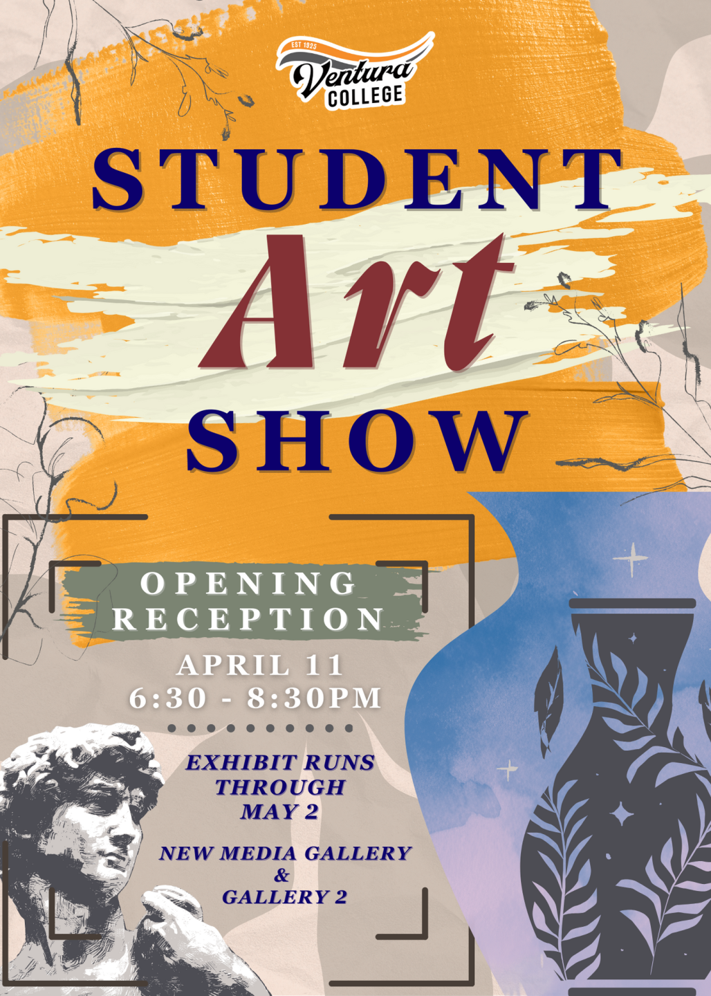 Student Art Show. Opening reception April 11 from 6:30pm to 8:30pm. Exhibit runs through May 2. New Media Gallery and Gallery 2.