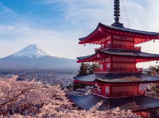 A Japanese pagoda with a view of mount Fuji. 