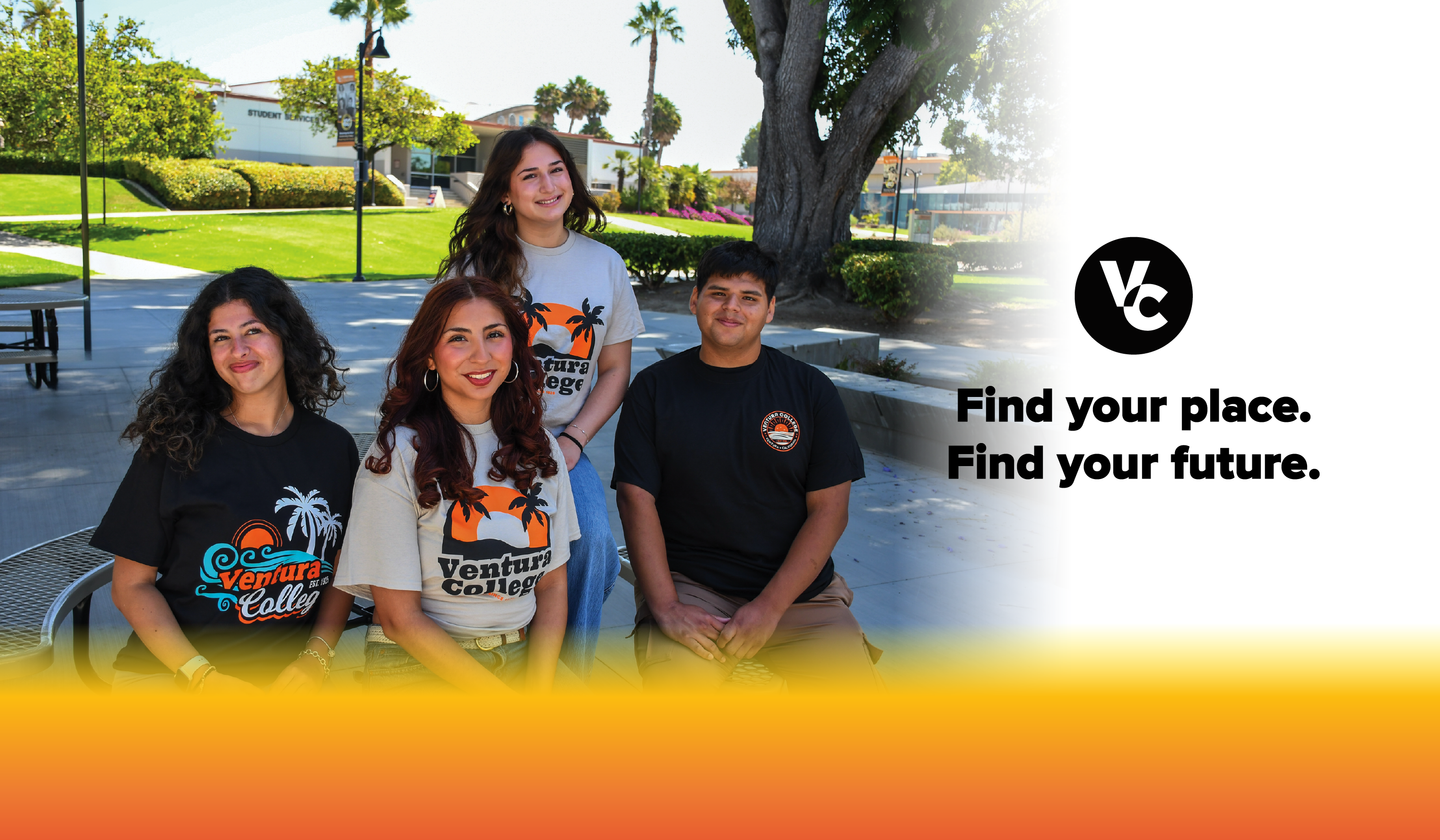 Find your place find your future with photo of 4 happy students