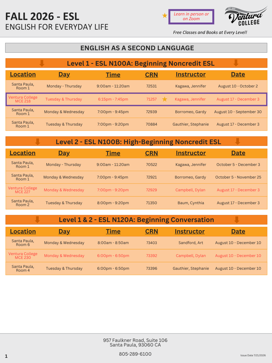 ESL, Beginning to Intermediate, Page 1