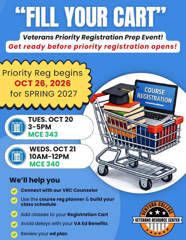 fill your cart: veterans priority registration prep events: get ready before priority. Oct 26, 2026 for spring 2027. Tuesday oct 20 3-5 MCE 343
