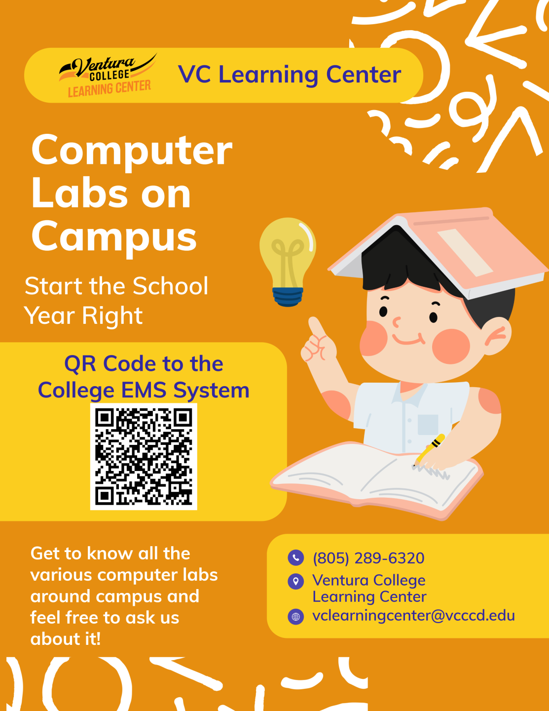 VC Learning Center Computer Labs on Campus Poster with link: https://aemsc-prod.ad.vcccd.edu/EmsWebAppVC/BrowseForSpace.aspx