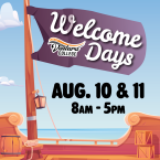Pirate Ship flag with Ventura College logo and Welcome Days Aug 10 and 11 from 8 am to 5 pm