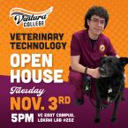 Ventura College Veterinary Technology Open House, Tuesday, Nov. 3, at 5 p.m. at VC East Campus, Lokahi Lab #202. Orange and purple graphic featuring a student in burgundy scrubs kneeling beside a black dog.