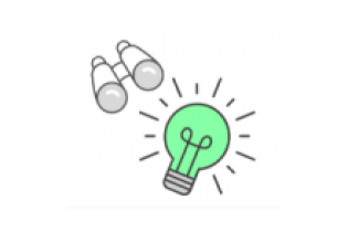 Cartoon image of simple binoculars and lightbulb icon