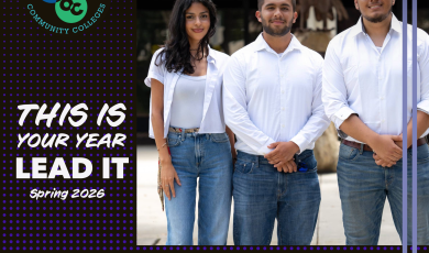 Three student leaders standing side by side outdoors on camp