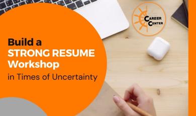 Desk with a laptop and notebook on it and text that reads: Thursday, Oct 15 1:00pm Build a Strong Resume Workshop in times of uncertainty.