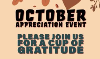 Ventura College October Appreciation Event. Please join us for a cup of gratitude. Tuesday, Oct.ober 31, 2023, 8 am. to 10 a.m. 