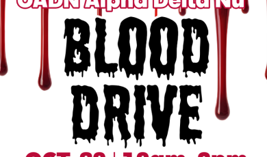 OADN Alpha Deta Nu Blood Drive Oct 30 10 AM to 2 PM - graphics include spiders and blood