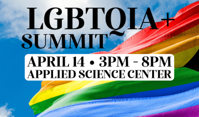 LGBTQIA + April 14 3 pm to 8 pm Applied science center  rainbow flag against sky 