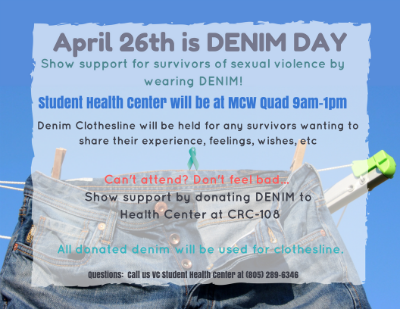 Flyer announcing Denim Day April 26th at the MCW quad. An ev