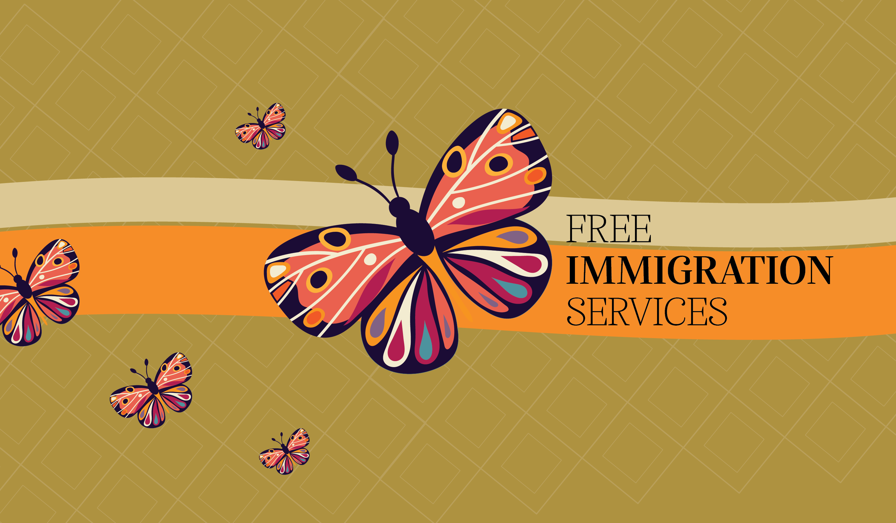 Illustration of Butterflies with Text that reads: Free Immigration Services
