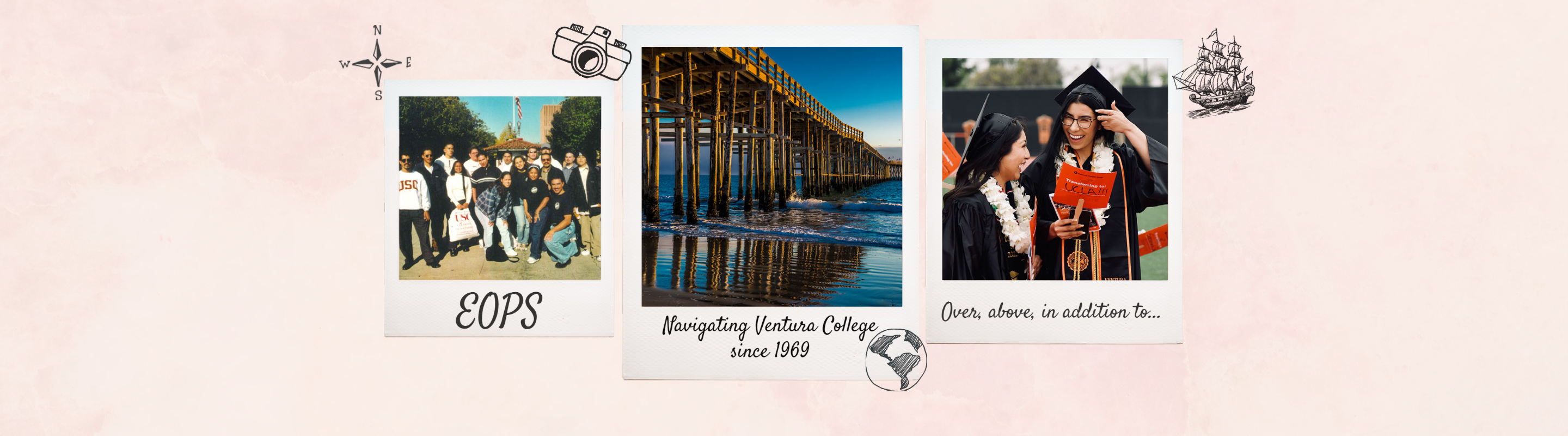 Scrapbook page with pirate themed stickers, old photo of students at University of Southern California, photo of Ventura Pier and beach, photo of 2 students at Ventura College Graduation, Text that reads "EOPS Navigating Ventura College since 1969, Over, beyond, in addition to..."