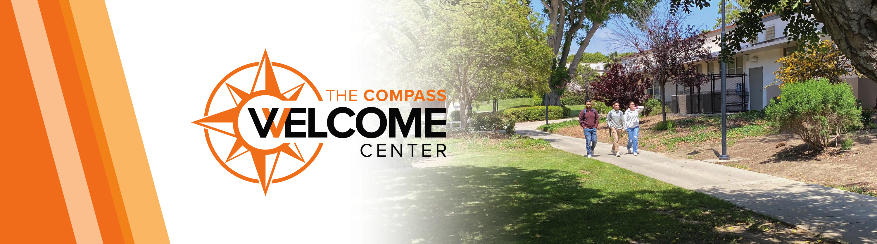 students walking on campus with welcome center logo