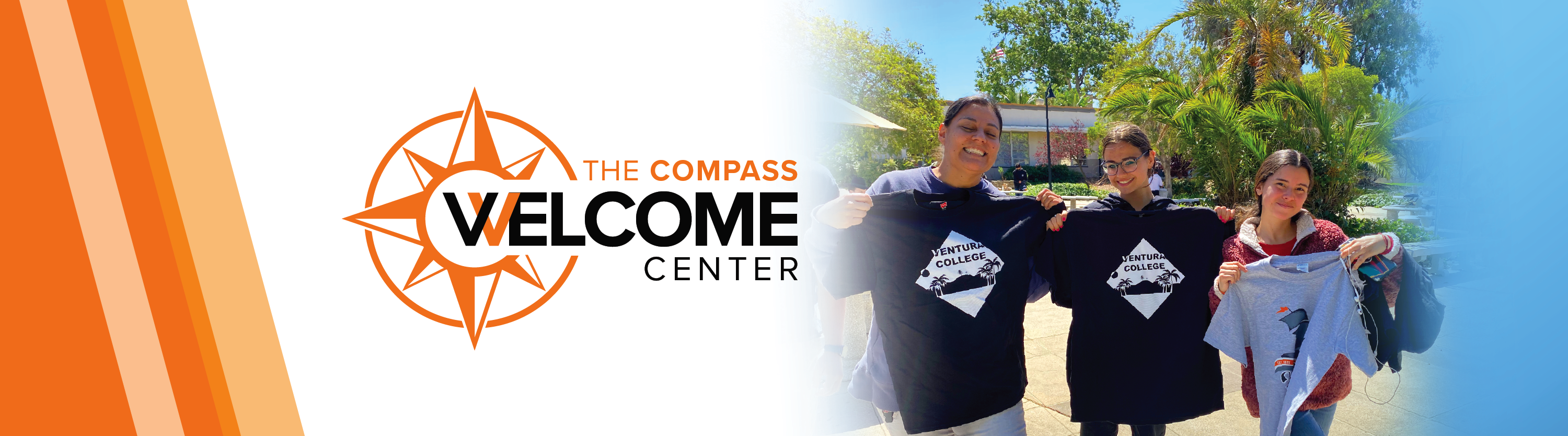 photo of 3 students holding ventura college t-shirts with welcome center logo