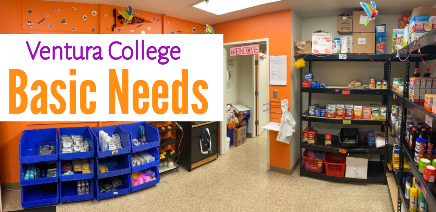 there is a banner that reads Ventura College Basic Needs over a photo of a room with shelves full of food