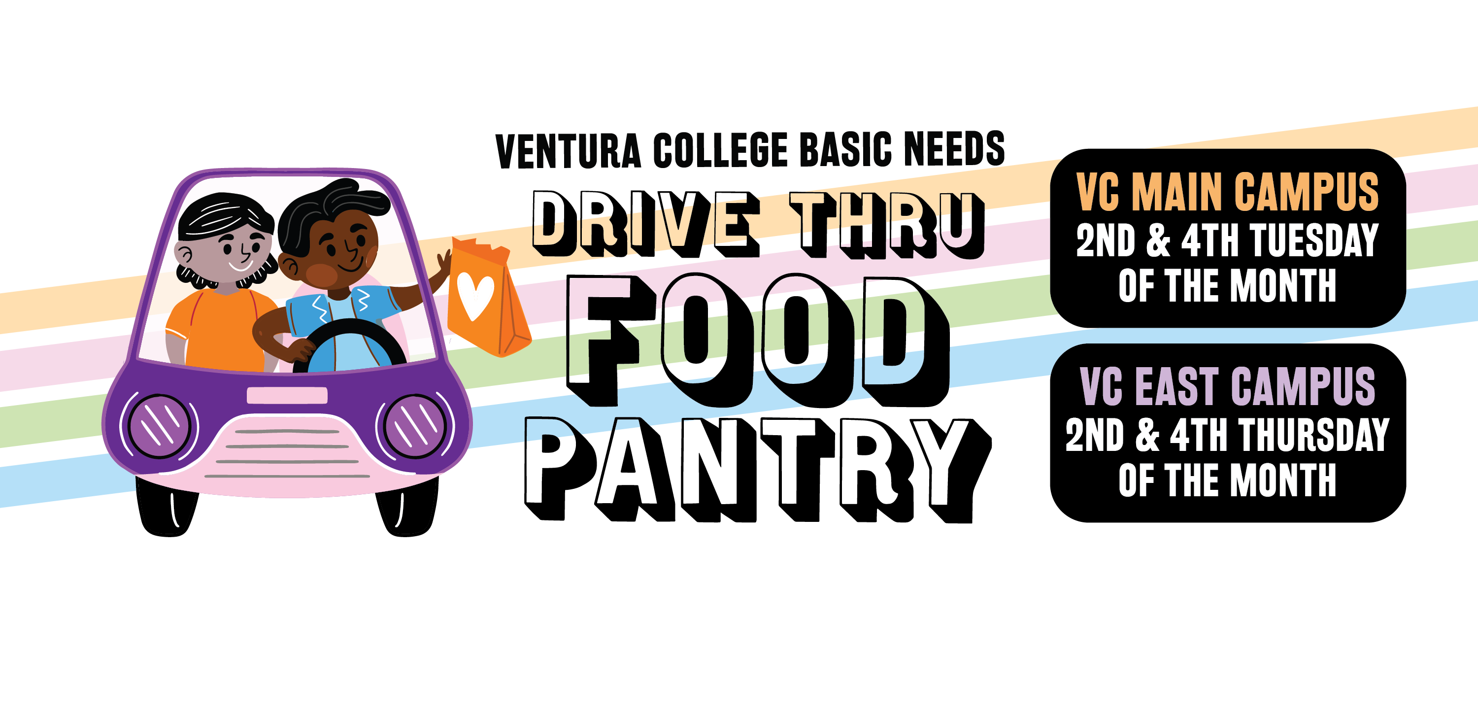 Graphic of two people in a car with text that reads Ventura College Basic Needs Drive Through Food Pantry Ventura College Main Campus Second and Fourth Tuesday of the month, Ventura College East Campus second and fourth thursday of the month.