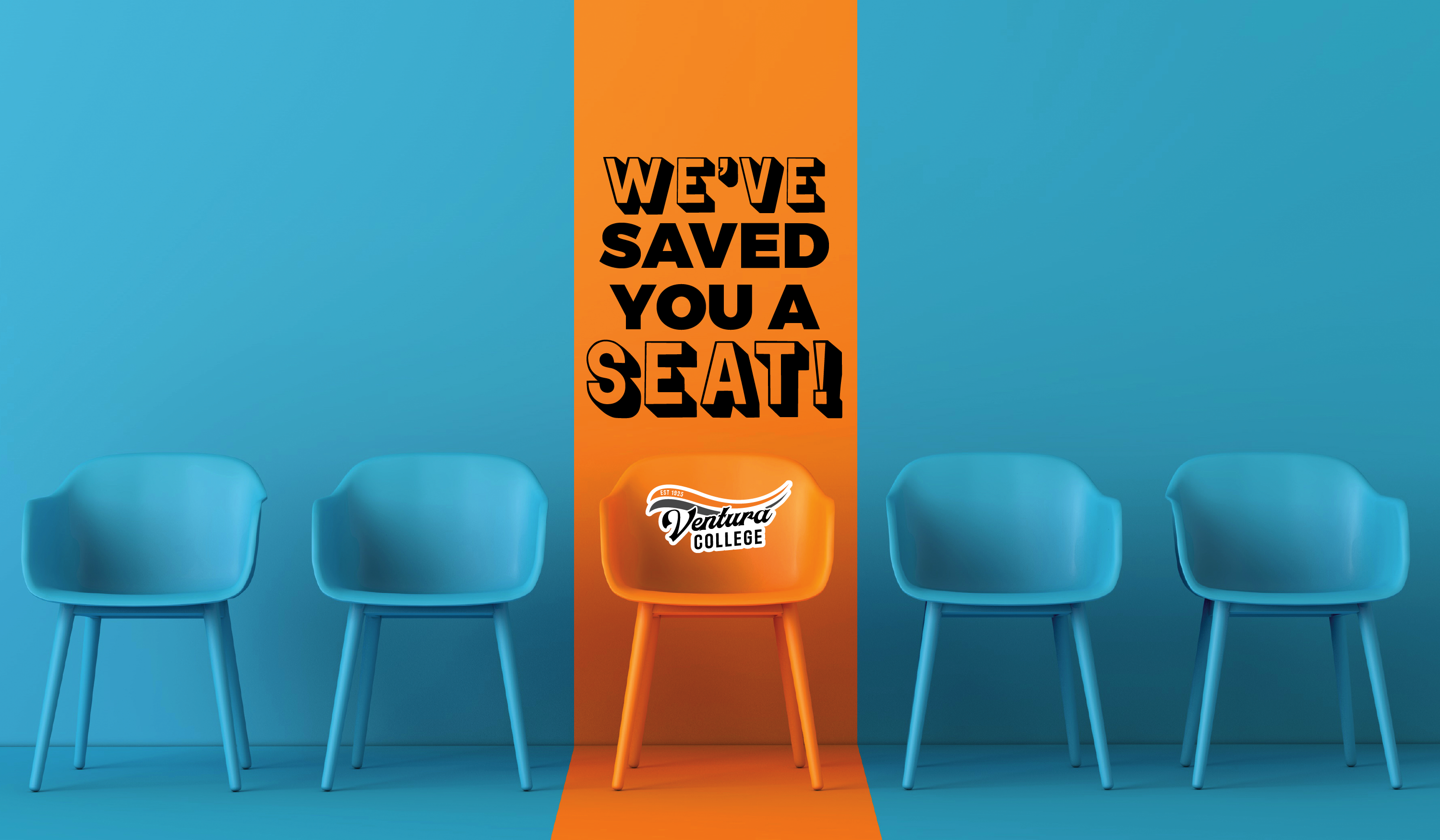 graphic with four blue chairs and one orange chair in the center, text above orange chair reads we've saved you a seat