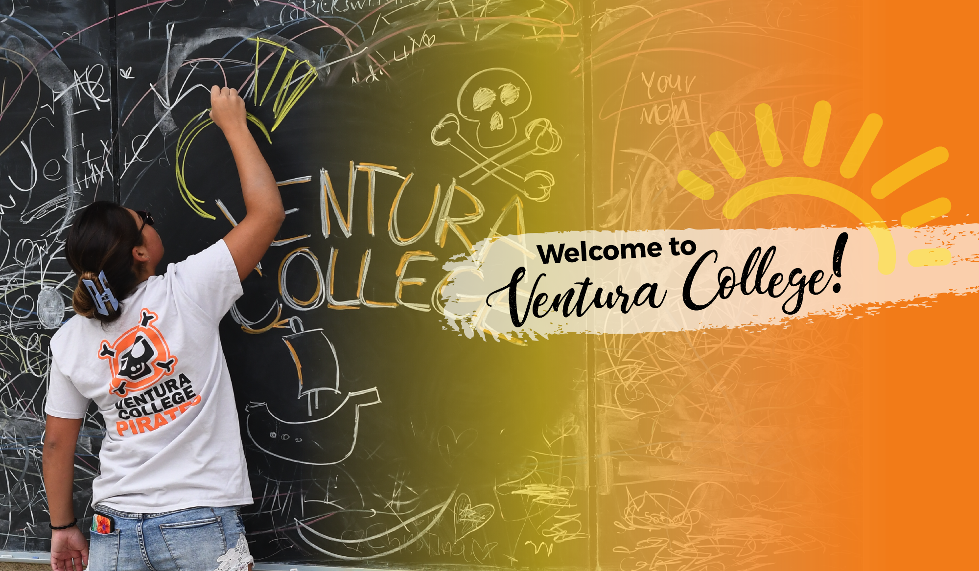 Welcome to Ventura college with girl drawing on chalk board