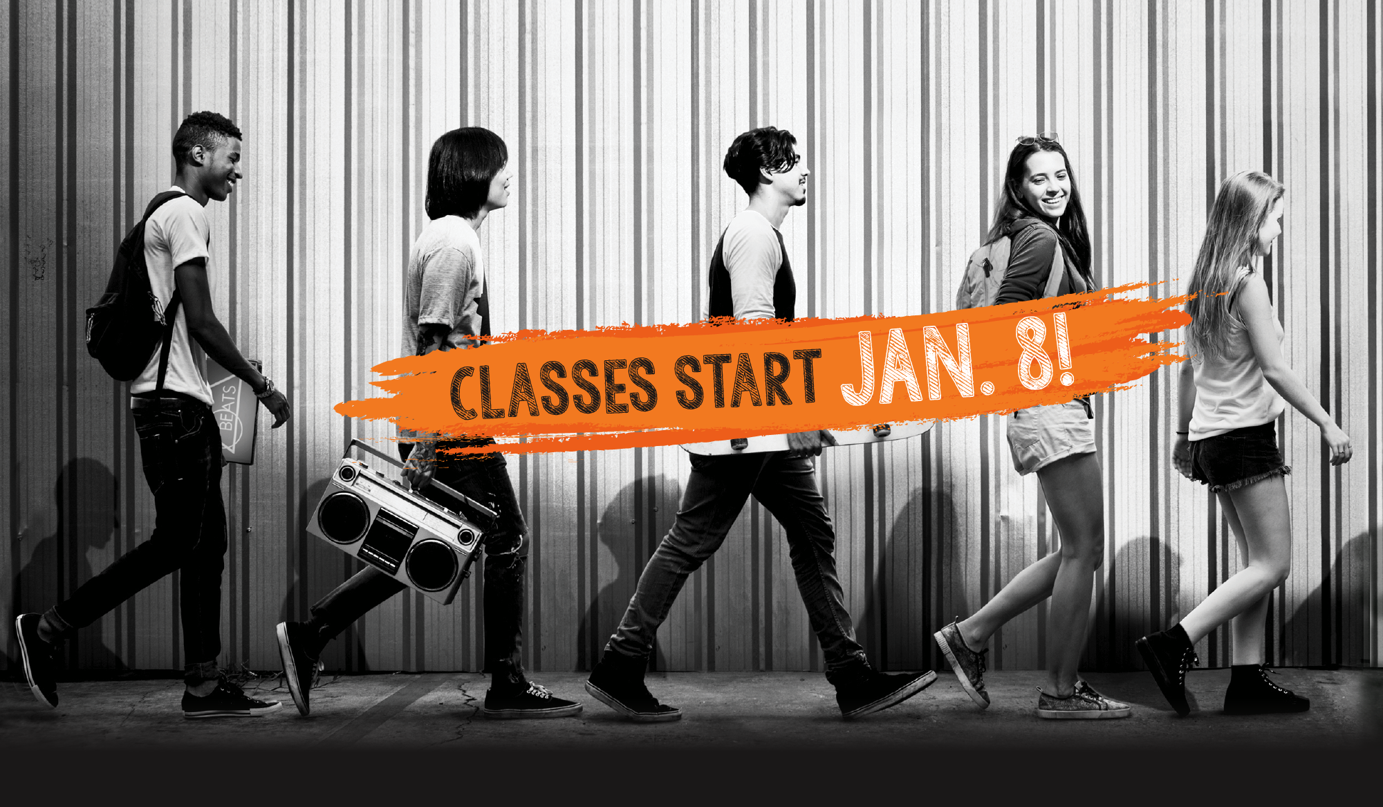 classes start january 8 with image of students walking