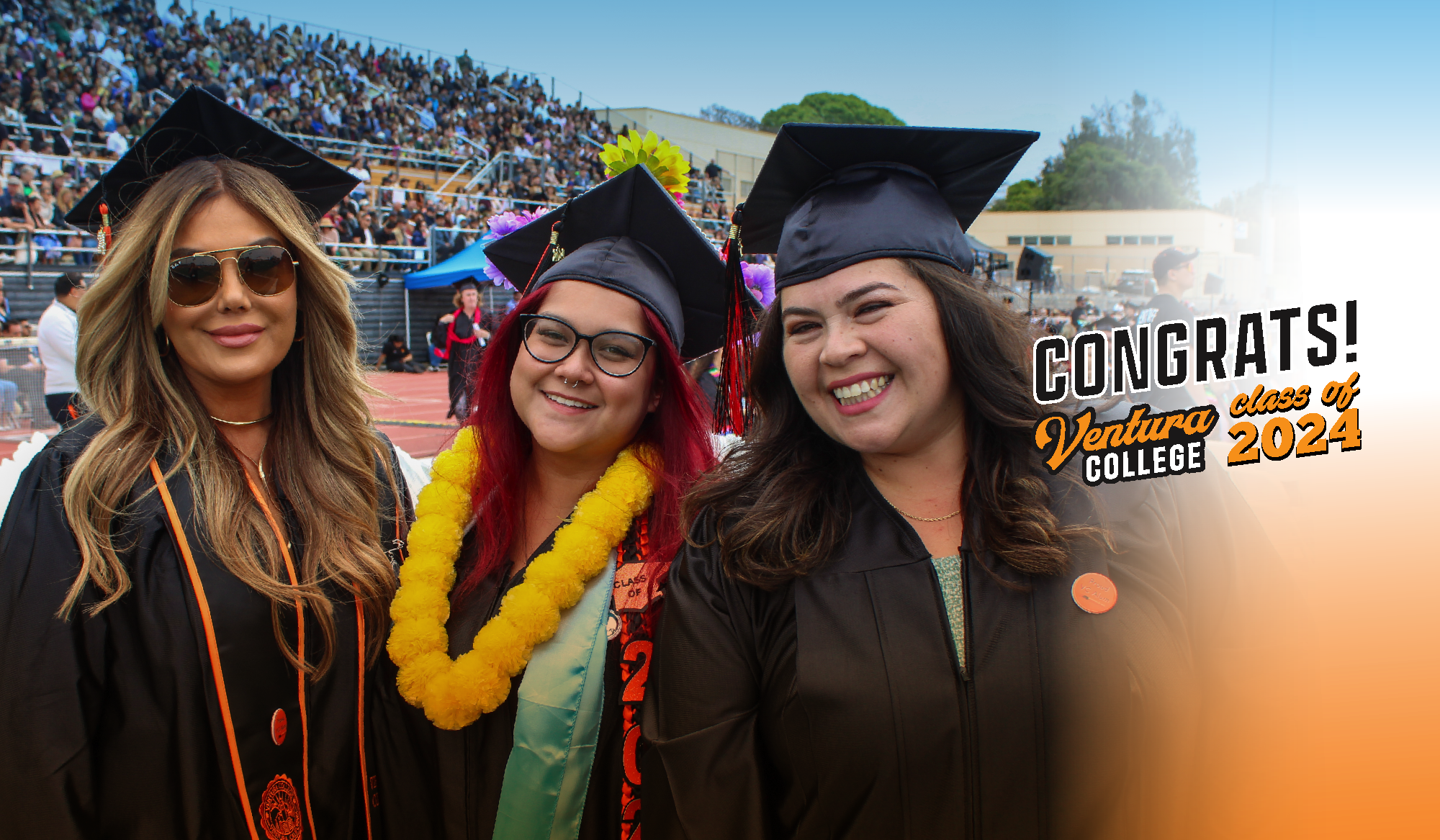 congrats ventura college class of 2024 with image of 3 female graduates