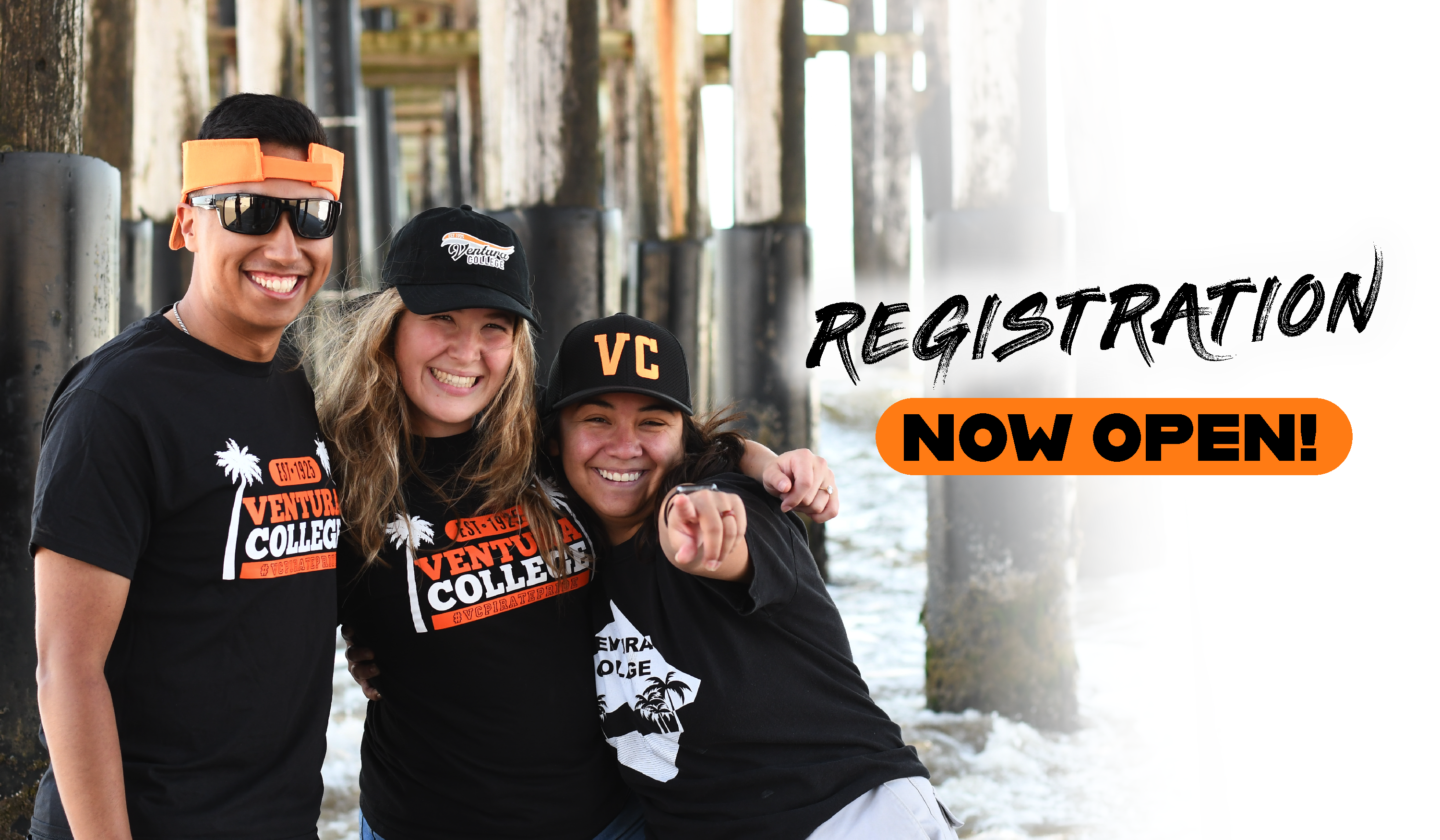 registration now open and photo of 3 students at the beach