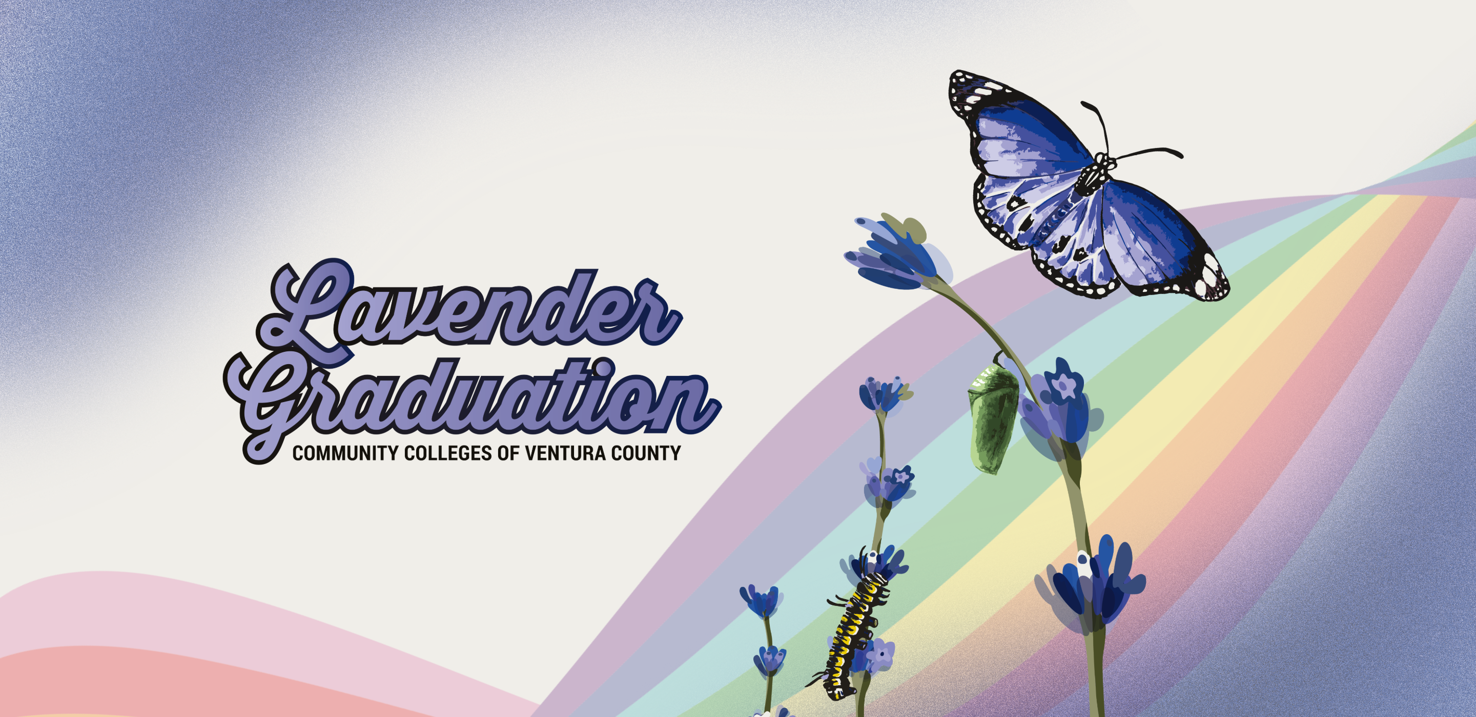 Lavender Graduation graphic with rainbow, butterfly lifecycle, and text “Community Colleges of Ventura County.”