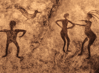 Painting of people on a cave wall. 