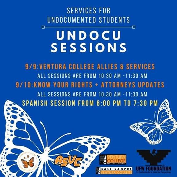 Undocu Sessions Flyer: Blue with Butterflies.  Lists the session dates and times listed above on website. 