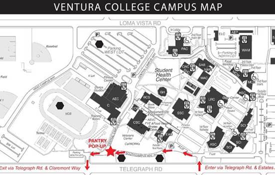 Map of Ventura College Main Campus. For the Pantry Pop-up event, please enter Via Telegraph road & Estates.