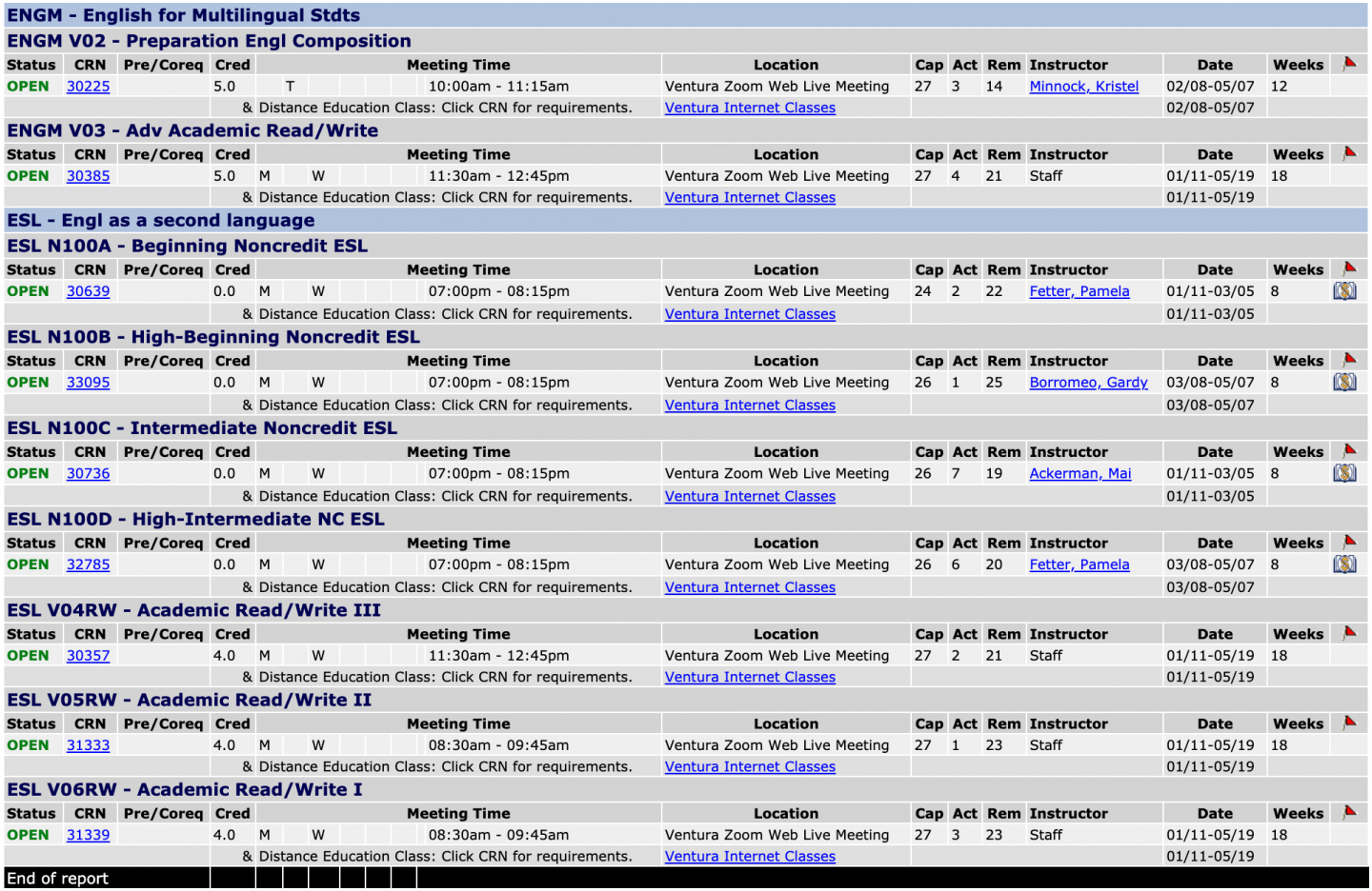 ESL and EngM Schedule of Classes Ventura College
