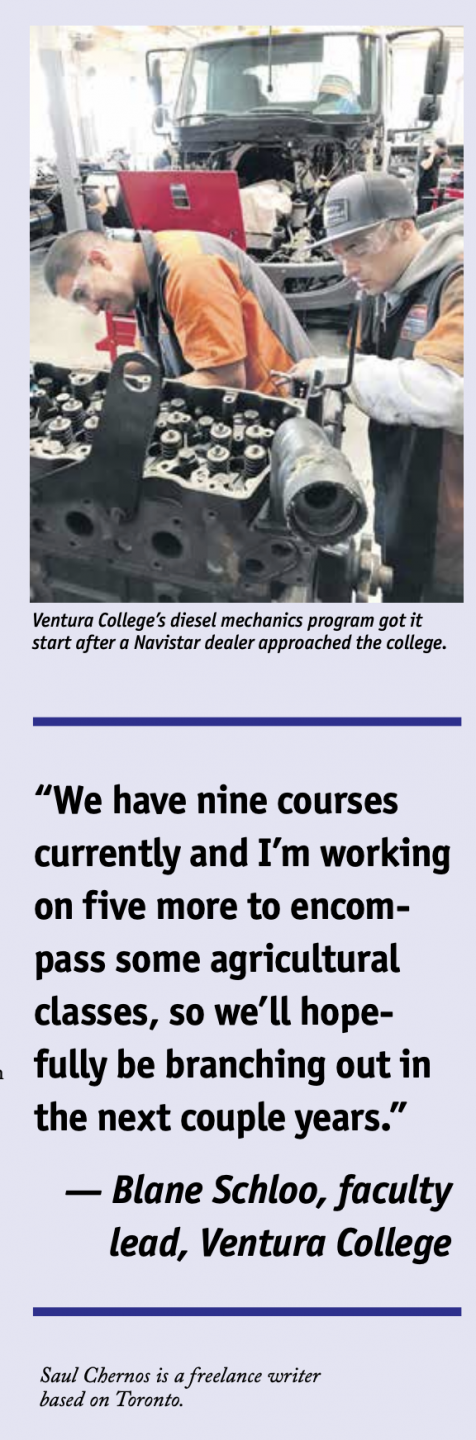 Screenshot from the online magazine article, featuring a photo from Ventura College's diesel mechanics and text that reads from top to bottom: Ventura College's diesel mechanics program got its start after a Navistar dealer approached the college. "We have nine courses currently and I'm working on five more to encompass some agricultural classes, so we'll hopefully be branching out in the next couple of years." -Blane Schloo, faculty lead, Ventura College. 