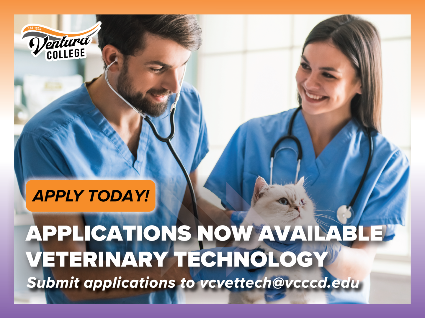 Veterinary Technology Application Announcement: Featuring two veterinary technicians working on a cat