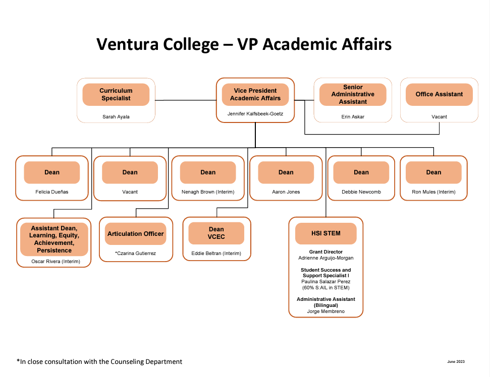 Organizational Chart Showing Academic Affairs and the location of the HSI STEM grant under Academic Affairs. 