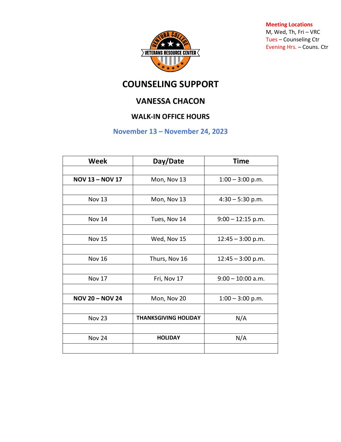 Drop In Counseling Hours from November 13 - November 24