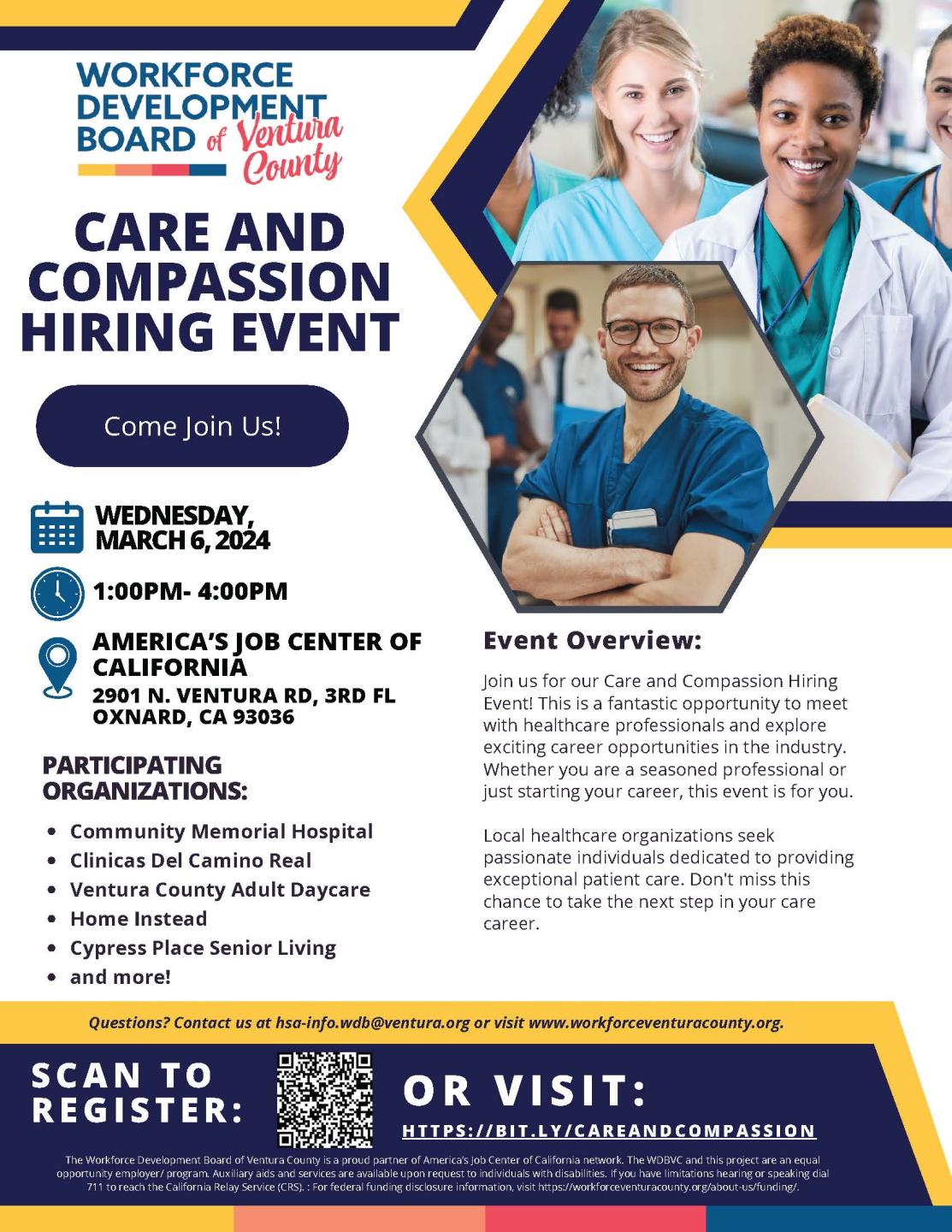 Join us March 6th, 2024 for a care and compassion hiring event with the workforce development board of Ventura county.