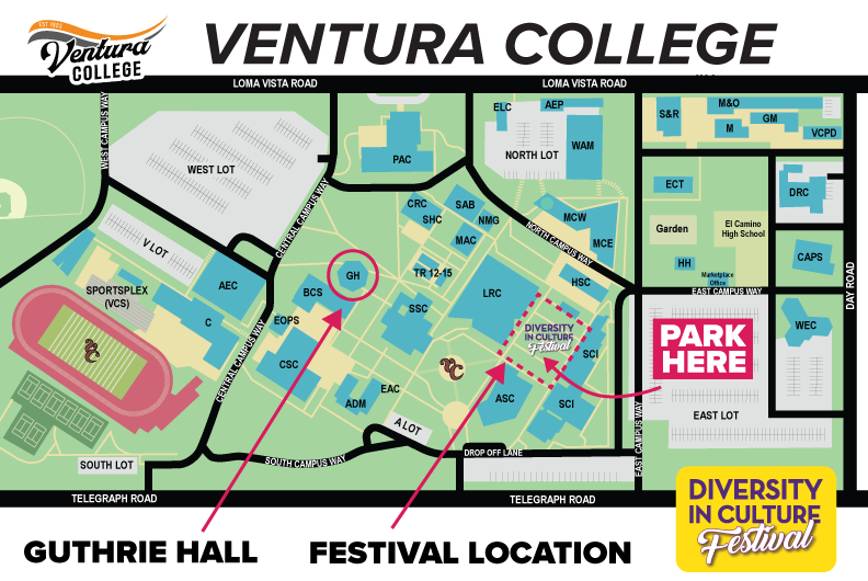 Ventura College Map, Guthrie Hall next to BCS and EOPS. Festival Location held next to LRC and ASC buildings. Parking next to East Lot and WEC.