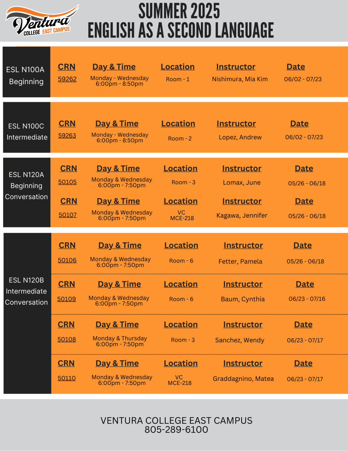 Summer 2025 ESL Course Schedule, English