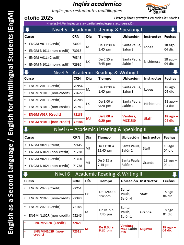 Fall 2025 Intermediate to Advanced ESL Classes (Spanish)