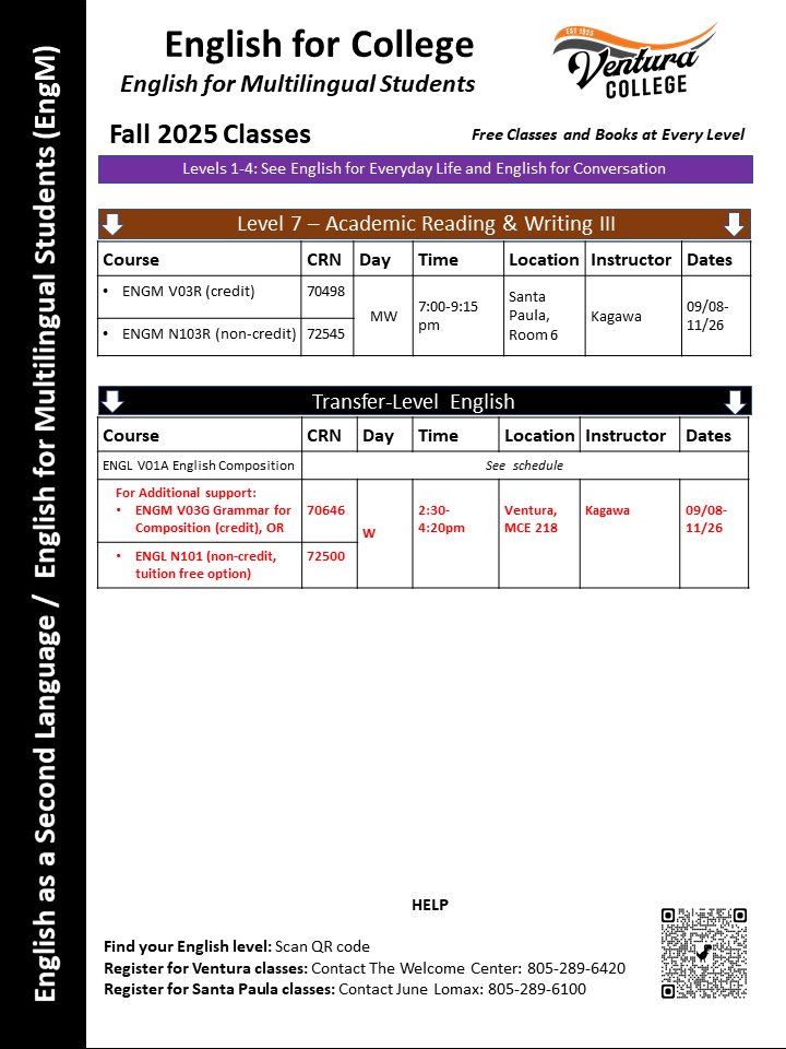 Fall 2025 Advanced ESL Classes (English) 