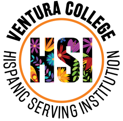 Round Ventura College Hispanic Serving Institution in black font with HSI letters in the center with flowers on a black background