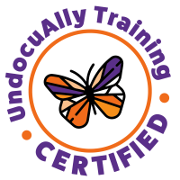 Orange circle with a purple and orange butterfly.