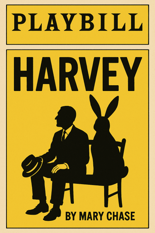 Image of a playbill with the title "Harvey" featuring outlines of a man and a rabbit sitting on a bench.