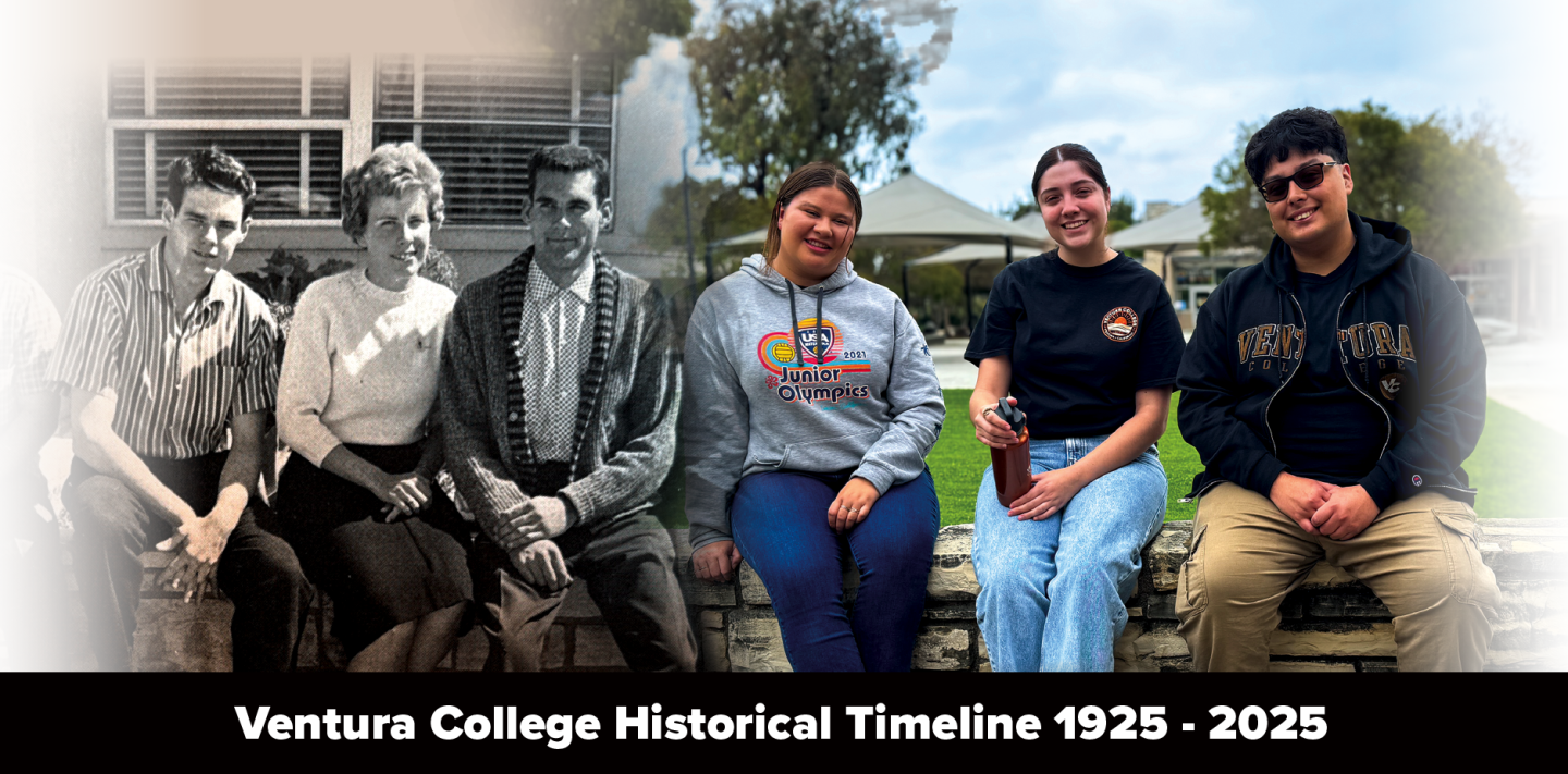 ventura college historical timeline 1925-2025 with image of students from 1950 to 2025