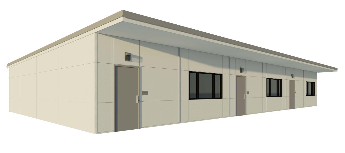Rendering of a single story modular building with 1 door and 3 windows