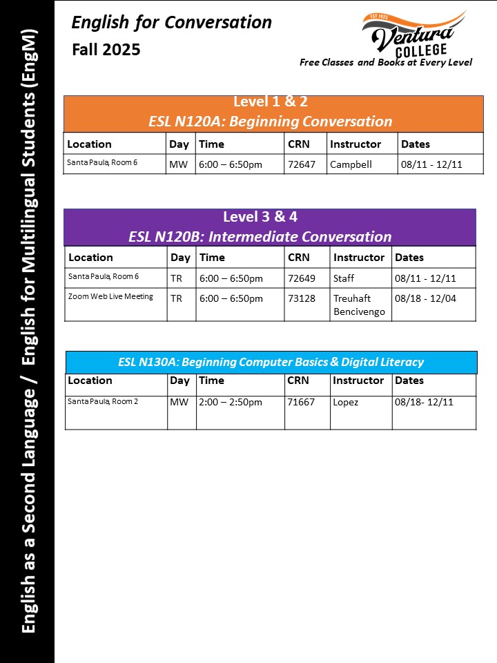 Fall 2025 ESL Schedule, beginning to intermediate, page 3