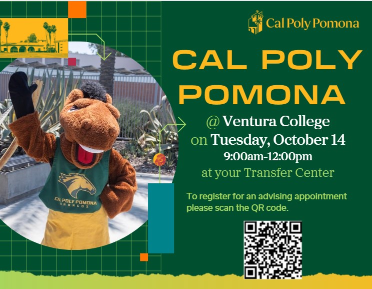 Cal Poly Pomona @ Ventura College on Tuesday, October 14th 9:00 am-12:00 pm at the Transfer Center. To register for an advising appointment please scan the QR code.